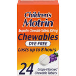 Motrin children's dye free chewable 24 tablets box in grape flavor