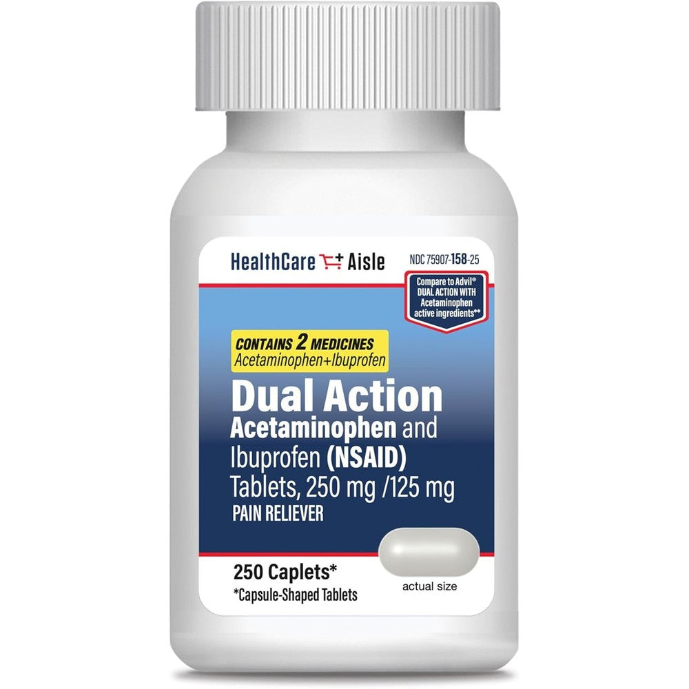 HealthA2Z Dual Action Pain Relief 150 caplets front view bottle.