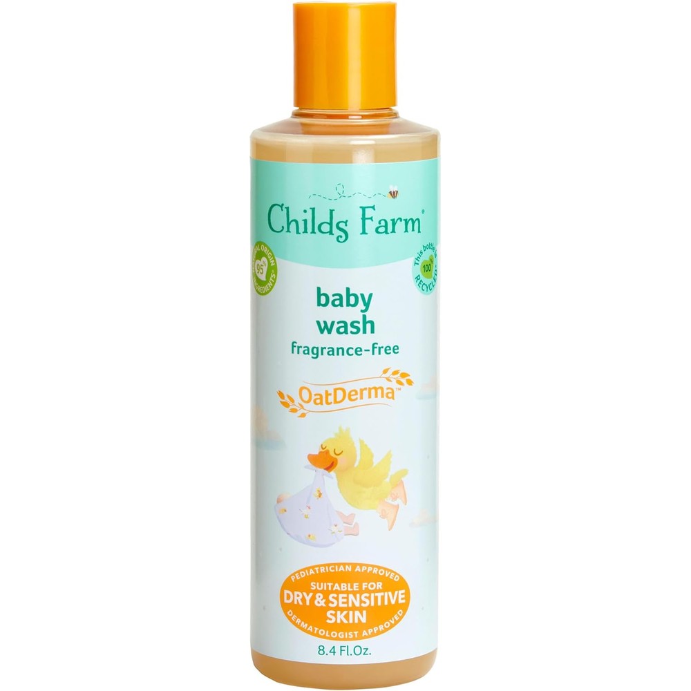 Childs Farm OatDerma baby wash bottle showing fragrance free label for sensitive skin