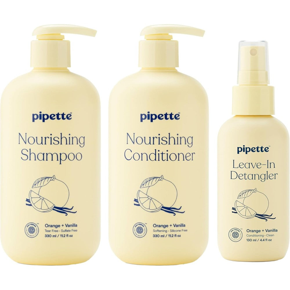 Pipette Kids Daily Haircare Trio front view of shampoo conditioner and detangler bottles