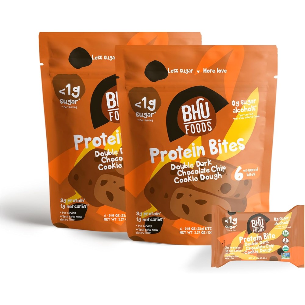 Bhu Foods Keto Bites Double Dark Chocolate Chip Cookie Dough front packaging view.