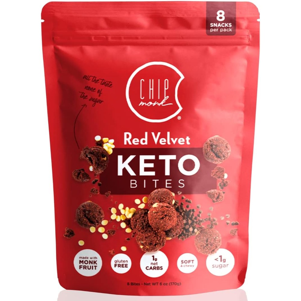 ChipMonk Keto Cookie Bites Red Velvet front pouch view low carb snacks