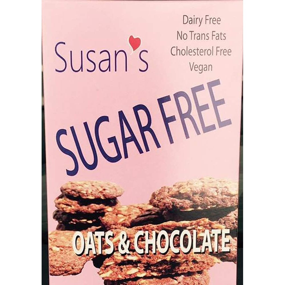 St. Amour Susan's Sugar Free Vegan Cookies front packaging oats and chocolate flavor.