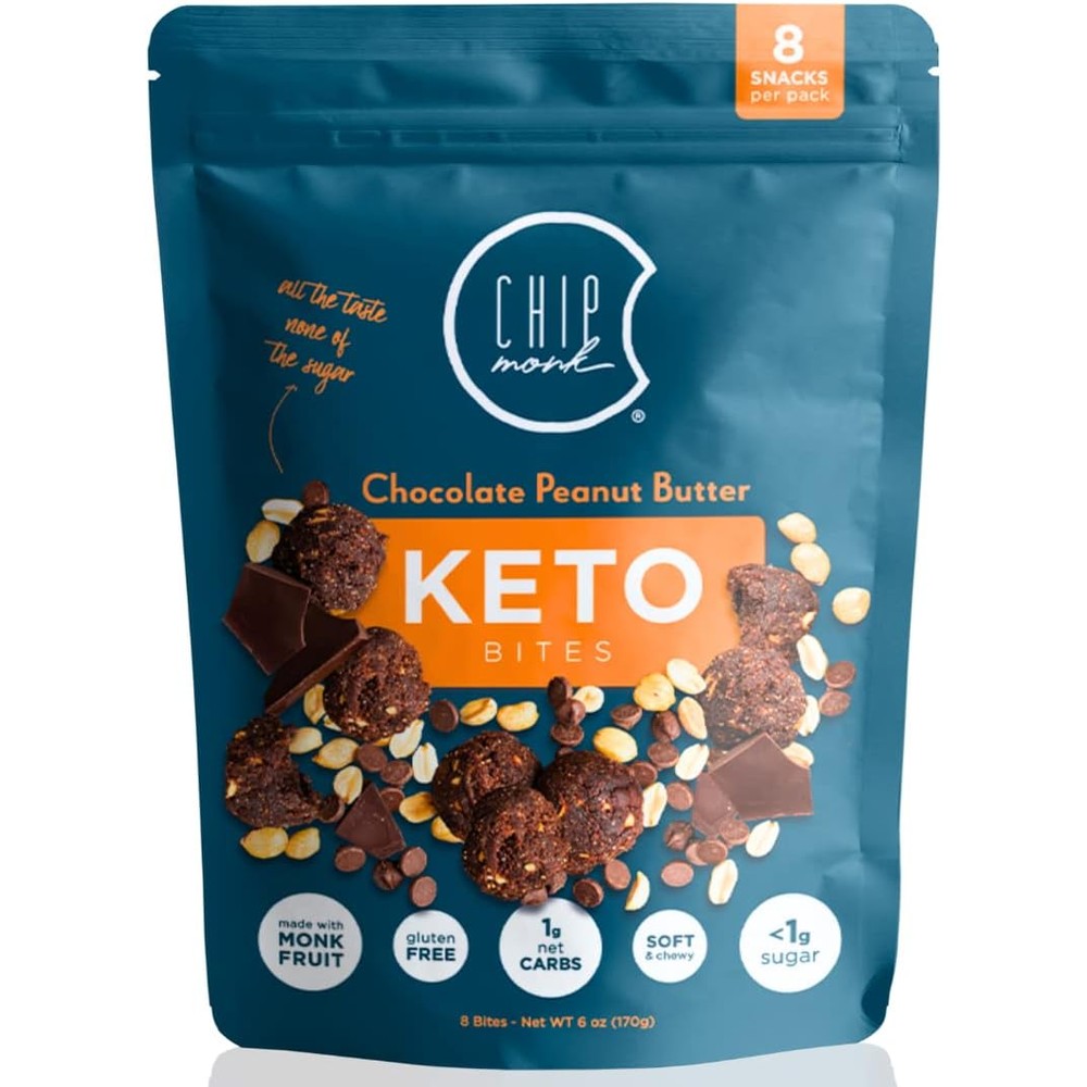 ChipMonk Keto Cookie Bites Chocolate Peanut Butter front pouch view for low carb snacking