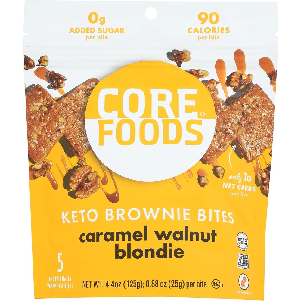 CORE Foods Caramel Walnut Blondie Keto Bites front packaging showing 5 count