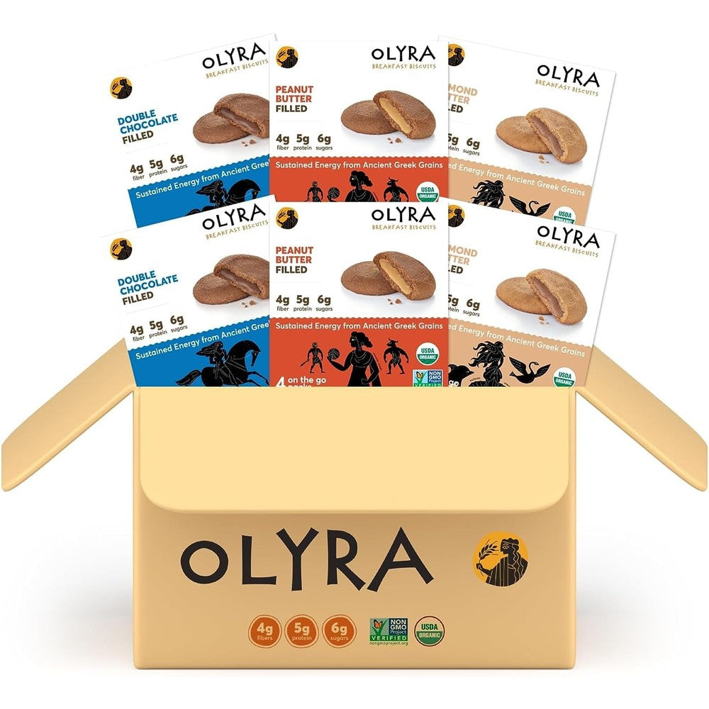Olyra Organic Breakfast Biscuits variety pack front view showing organic certification.