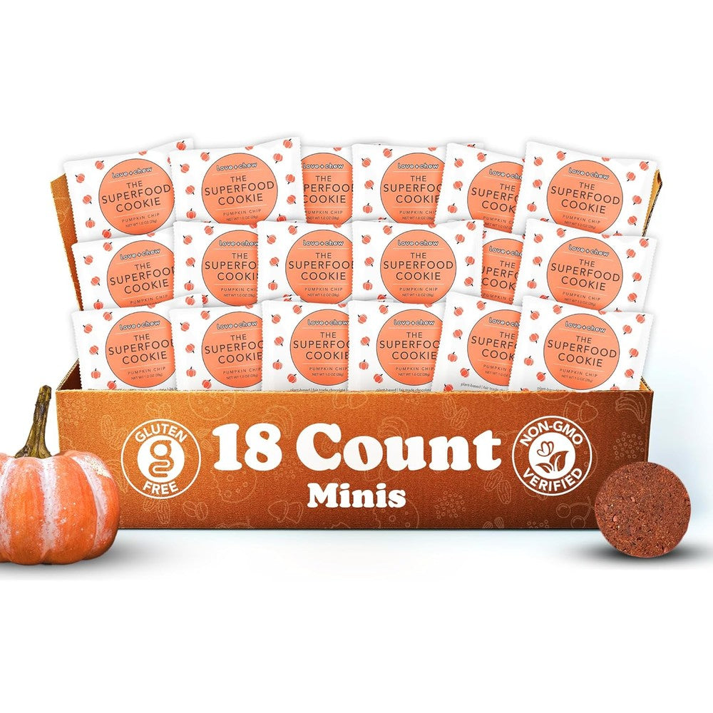 Love + Chew Mini Vegan Cookies 18 pack box front view showing pumpkin chip flavor.