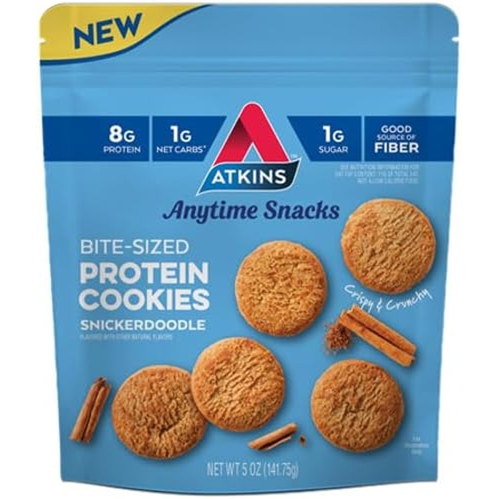 Atkins Snickerdoodle Protein Cookies front view of resealable bag