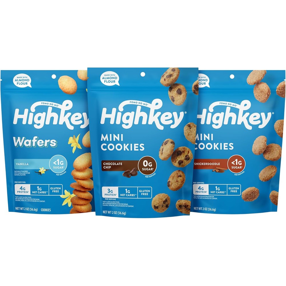 HighKey Sugar Free Cookies Variety Pack front view showing three different flavors.