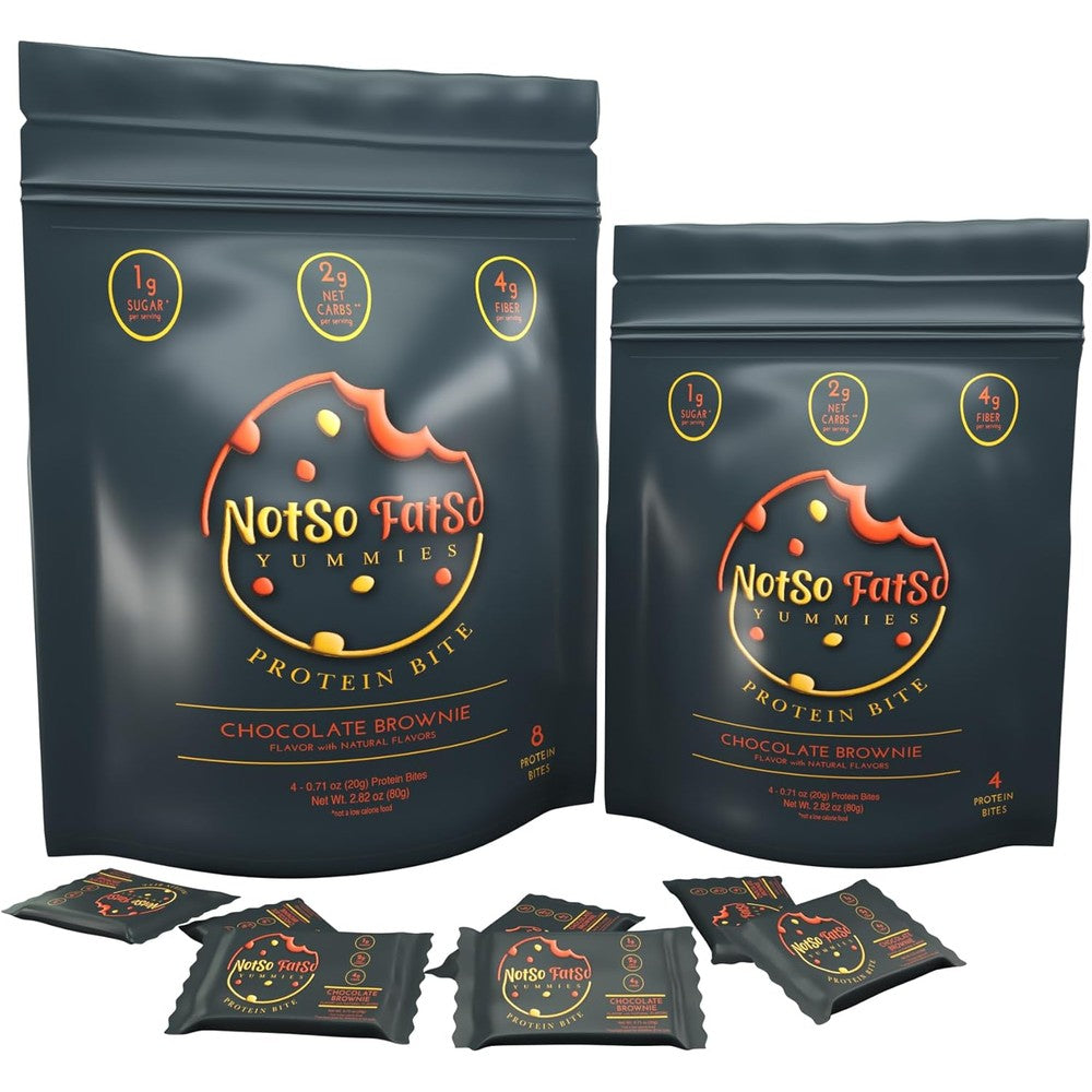 NotSo FatSo Yummies Chocolate Brownie Protein Bites front packaging showing nutritional facts.