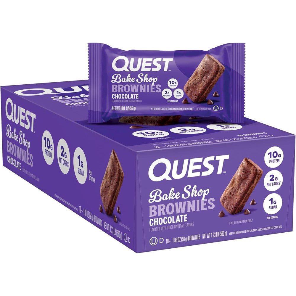 Quest Nutrition Bake Shop Chocolate Brownies 10 count pack front view high protein snack