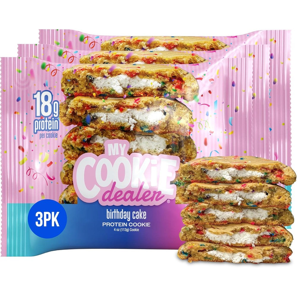 My Cookie Dealer Birthday Cake Protein Cookies 3 pack front view authentic imported workout snack.