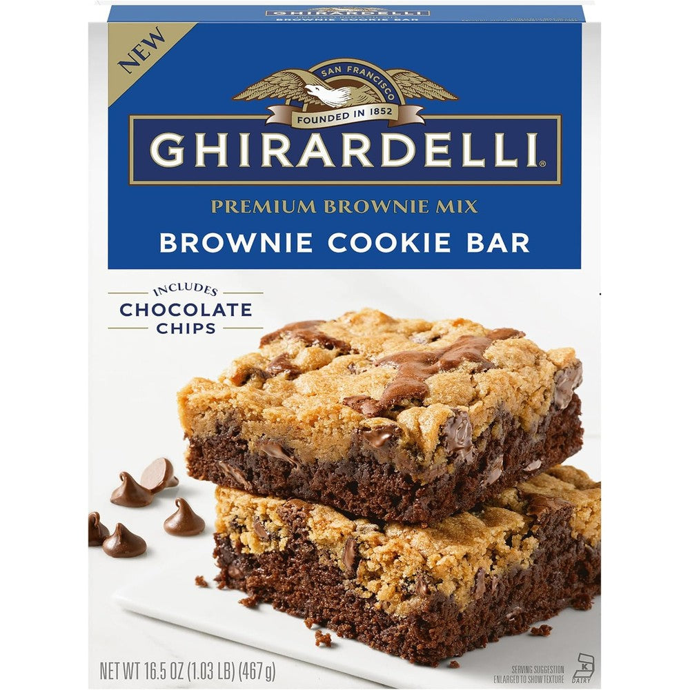 Ghirardelli Premium Brownie Mix Cookie Bar front view box for baking.