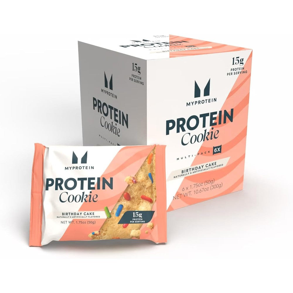 Myprotein Baked Protein Cookie Birthday Cake box front view showing 15g protein label.