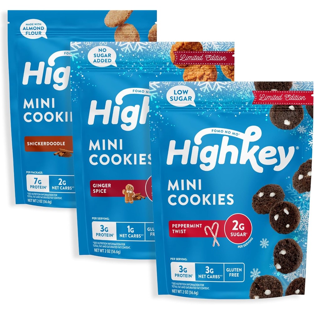 HighKey Holiday Variety Pack Low Carb Cookies front view of 3 pack bundle.