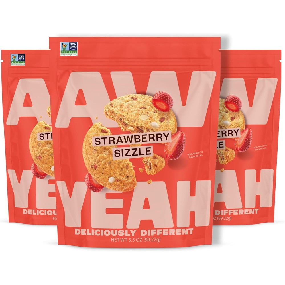 AwYeah Strawberry Sizzle Mini Cookies front view of 3.5 Ounce snack bag.