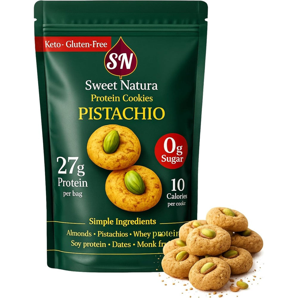 Sweet Natura Vanilla Pistachio Protein Cookies front packaging showing 27g protein claim.