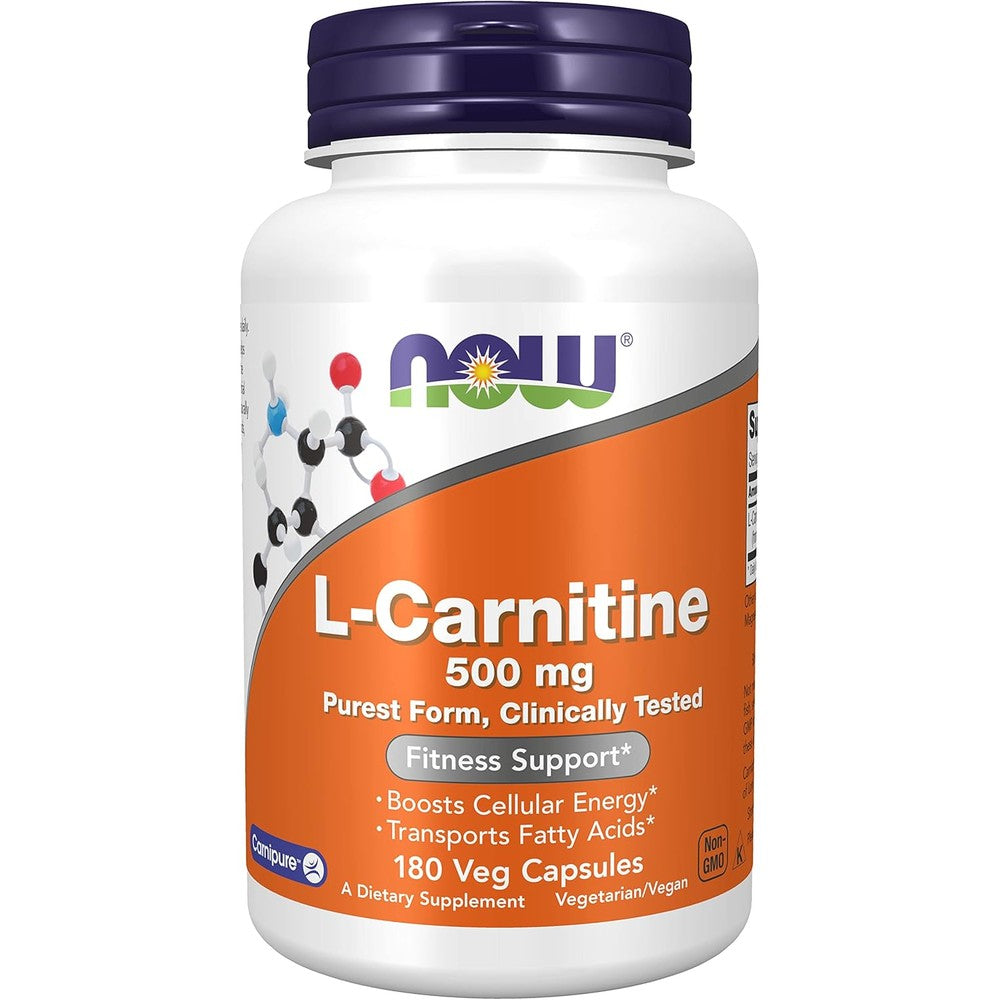 NOW Foods L-Carnitine 500 mg 180 vegetable capsules front label showing cellular energy support benefits