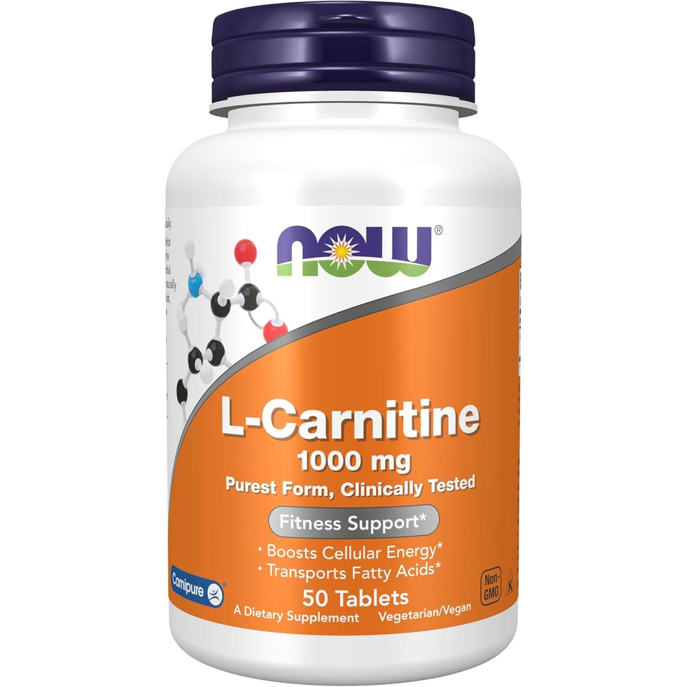 NOW Foods L-Carnitine 1000mg 50 Tablets front bottle view for fitness support.