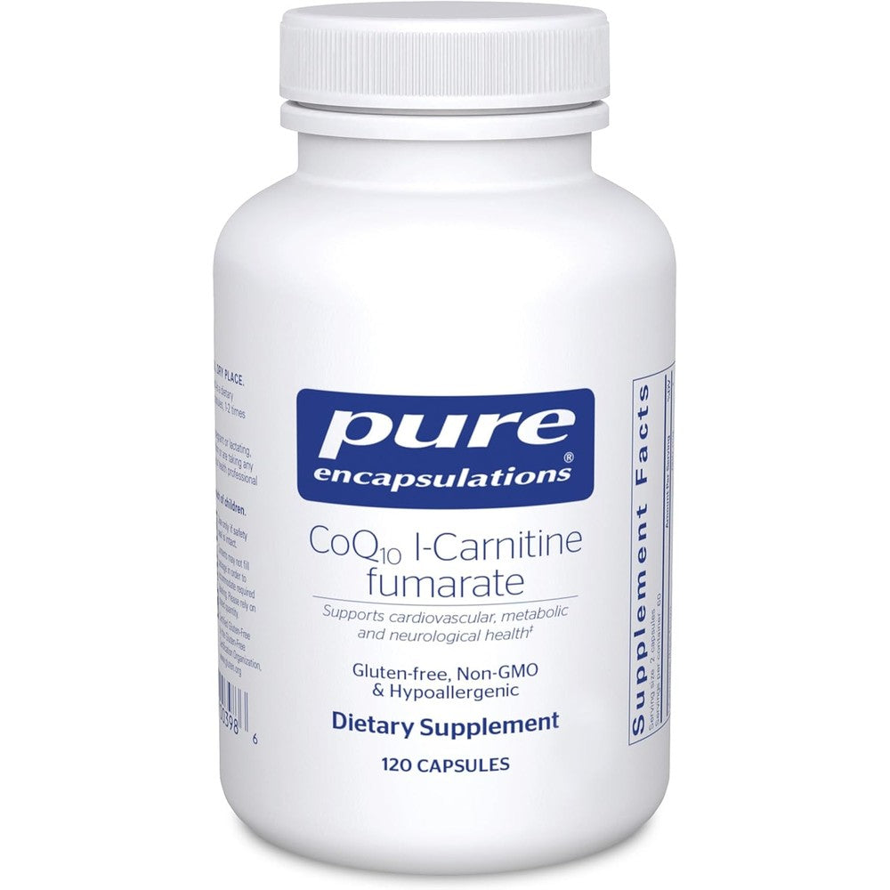 Pure Encapsulations CoQ10 L-Carnitine Fumarate 120 Capsules front bottle view for heart health.