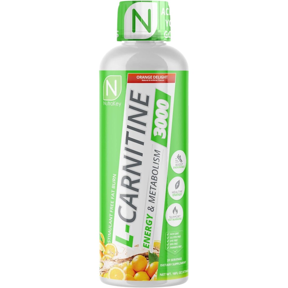 NutraKey L-Carnitine 3000mg Liquid Orange Delight front view fat burner supplement