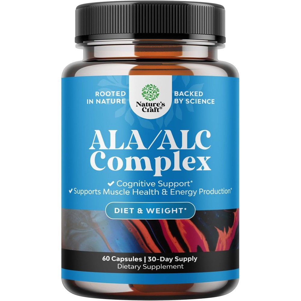 Natures Craft Alpha Lipoic Acid with Acetyl L Carnitine bottle front view for cellular energy.