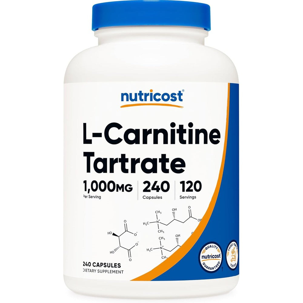 Nutricost L Carnitine Tartrate 1000mg 240 Capsules front view bottle for fat metabolism