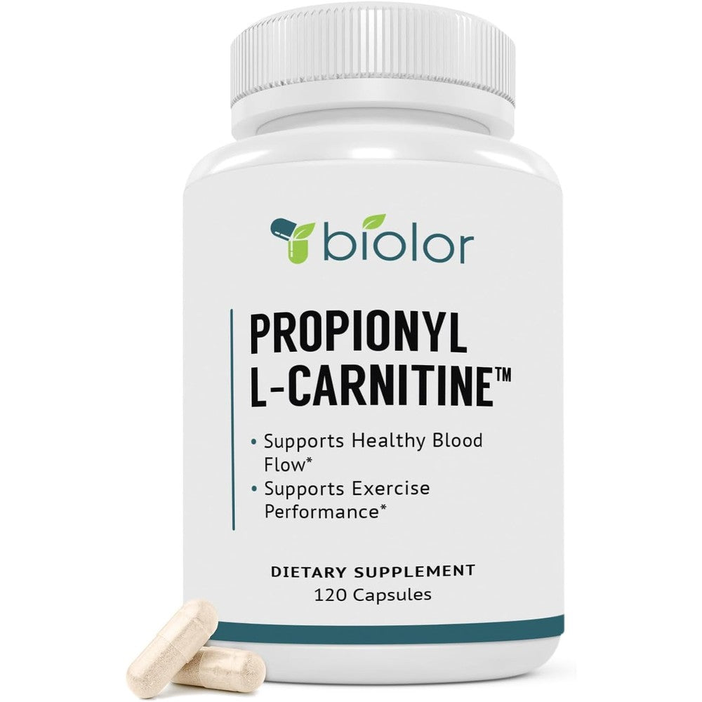 Biolor Biovy Propionyl-L-Carnitine 120 capsules bottle front view for heart health.
