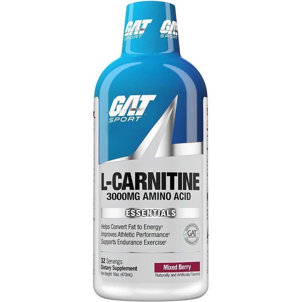 GAT Sport Essentials Series Liquid L-Carnitine 3000mg Mixed Berry 16 Ounce bottle front view for fat metabolism