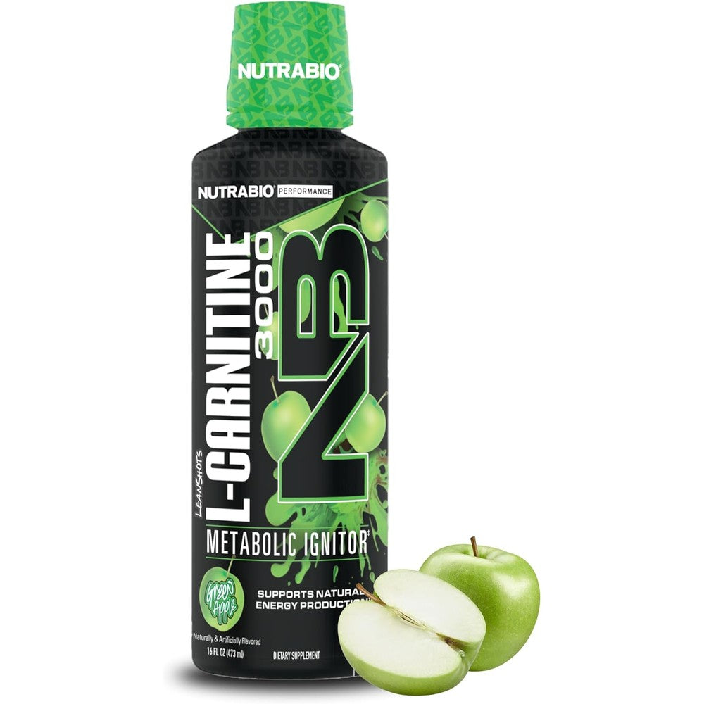 NutraBio L-Carnitine 3000 liquid shots in green apple flavor for energy
