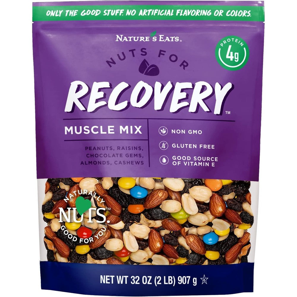 Nature's Eats Recovery Muscle Mix 32 Ounce bag front view showing almonds and cashews.