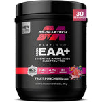 MuscleTech Platinum 100% EAA Essential Amino Acids Fruit Punch front view for muscle recovery.