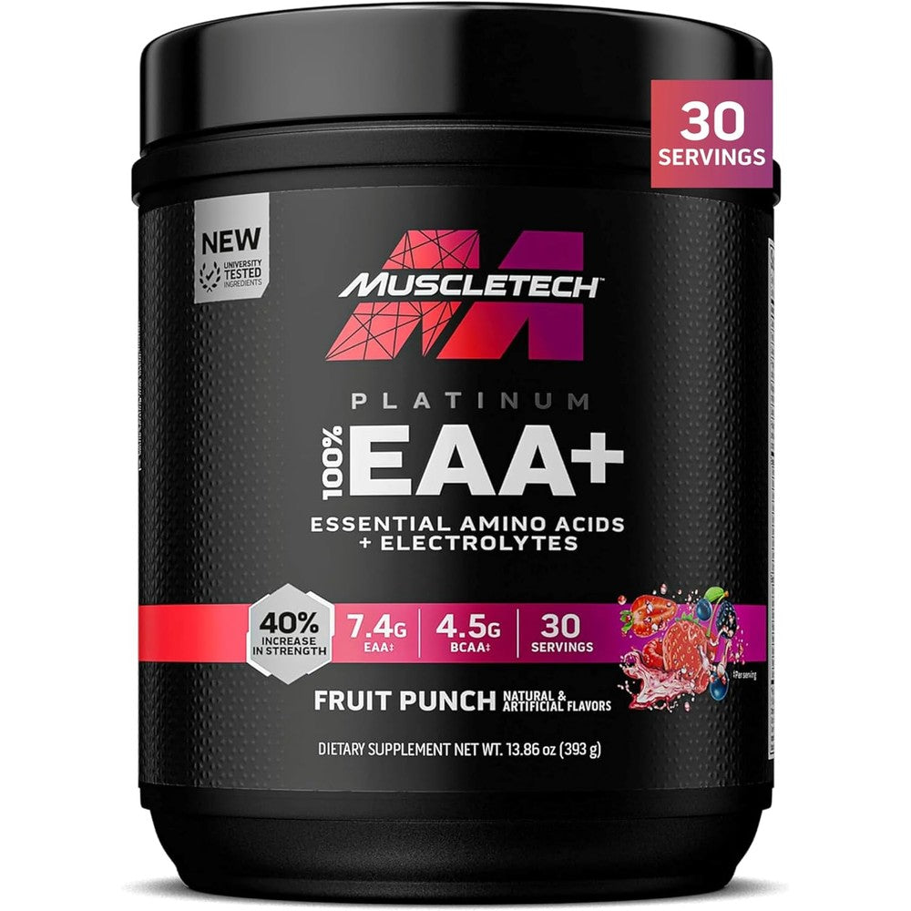 MuscleTech Platinum 100% EAA Essential Amino Acids Fruit Punch front view for muscle recovery.