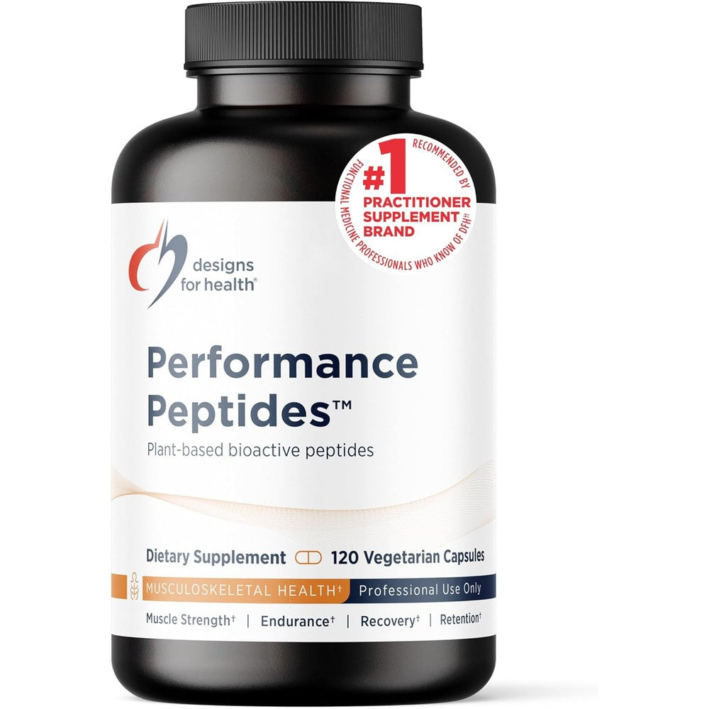 Designs for Health Performance Peptides front view bottle showing 120 vegetarian capsules for muscle recovery