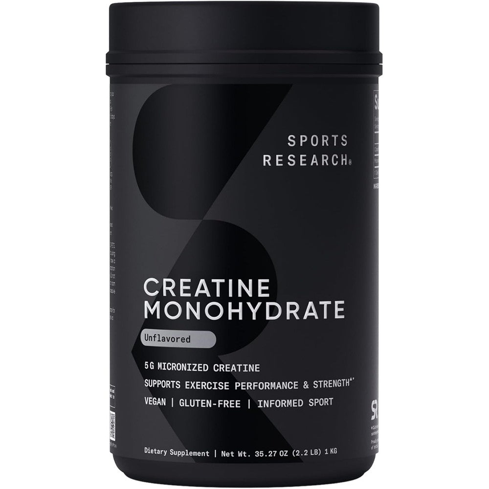 Sports Research Creatine Monohydrate 1kg tub front view for muscle performance.