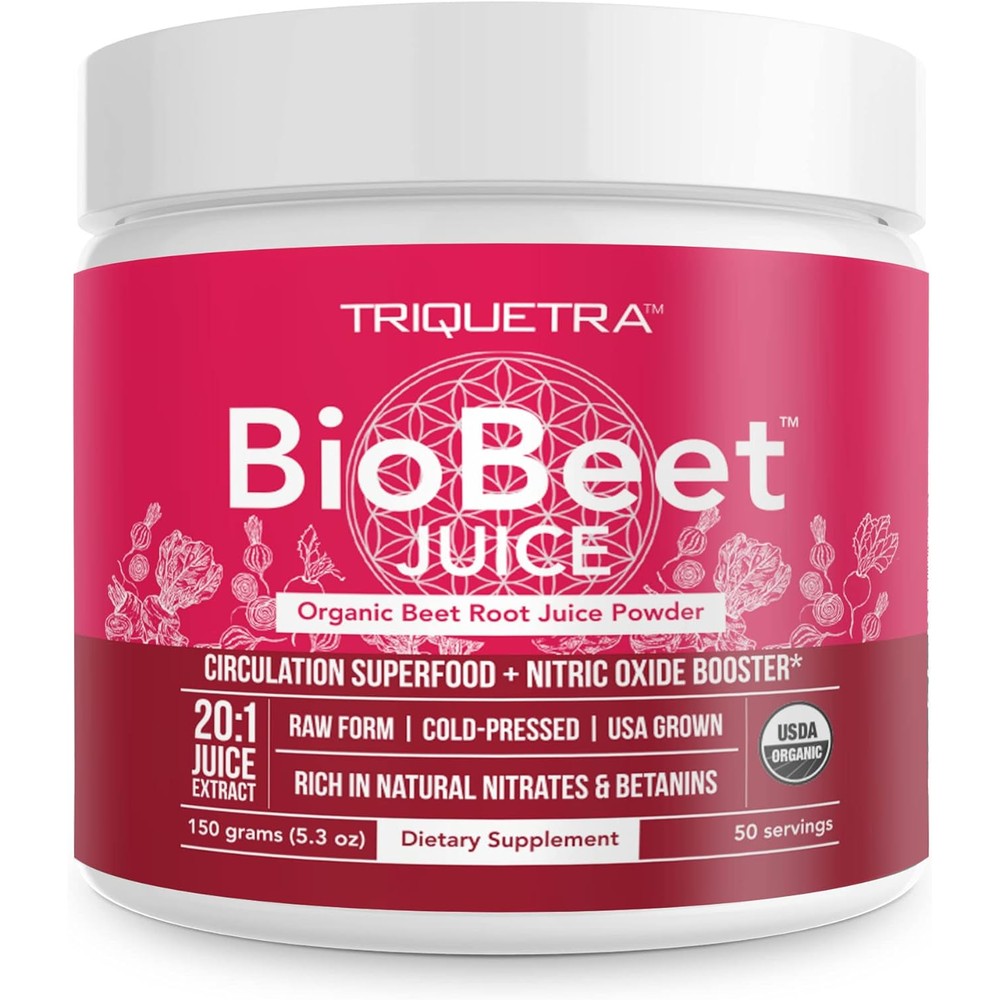Triquetra Health BioBeet Max Strength front view organic beetroot juice powder for nitric oxide boost.