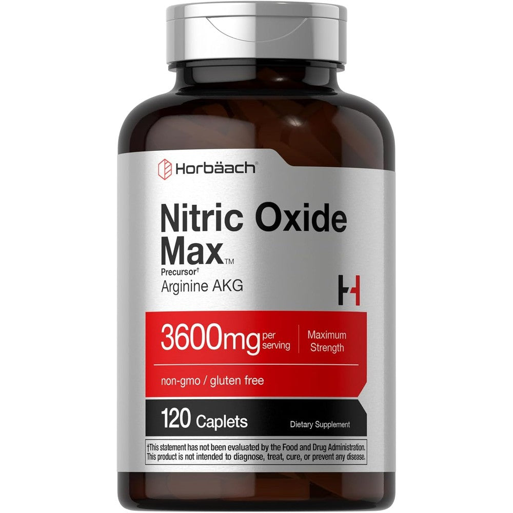 Horbäach Nitric Oxide Max 3600mg 120 caplets front bottle view pre workout booster.