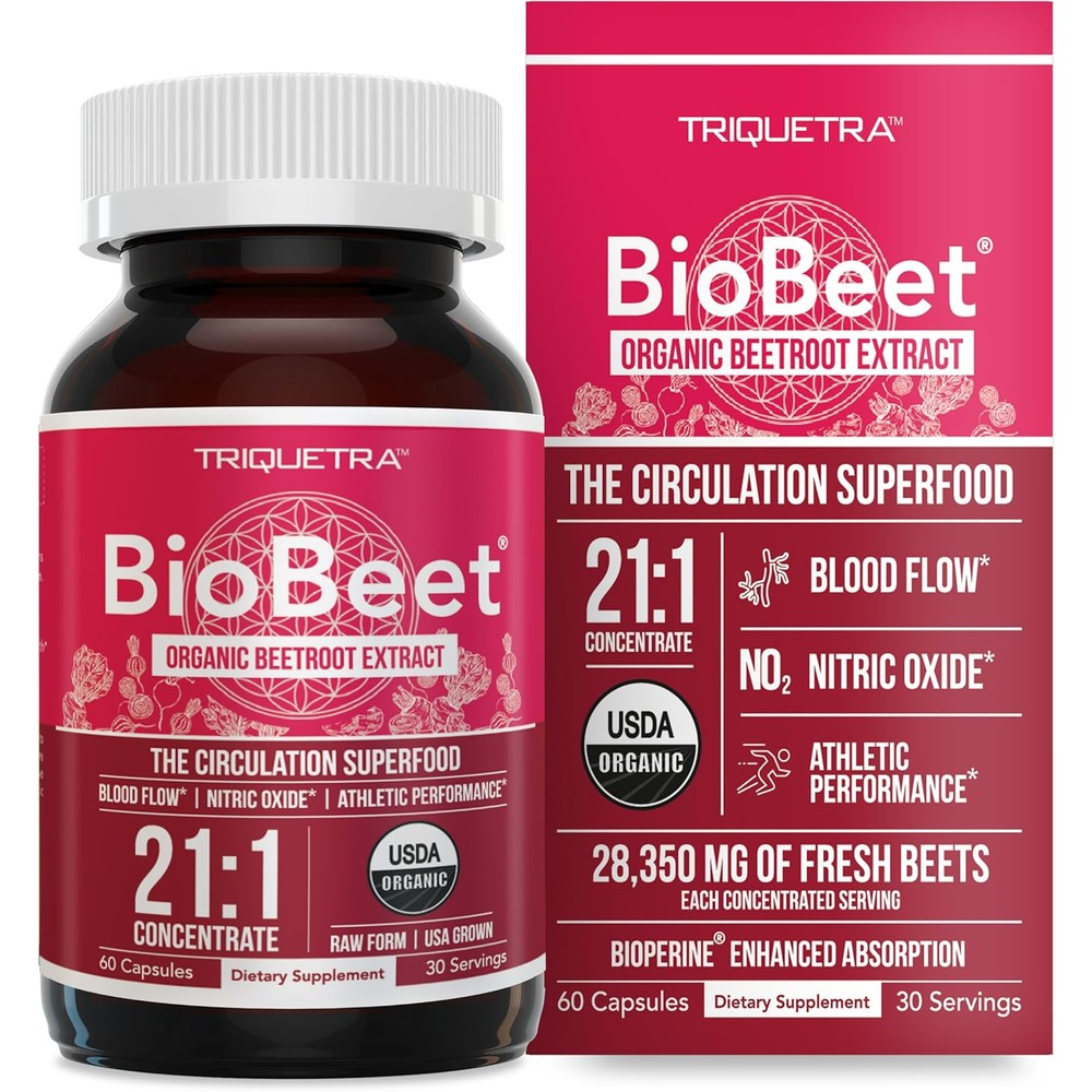 Triquetra Health BioBeet Max Strength 60 Capsules front view for nitric oxide support.