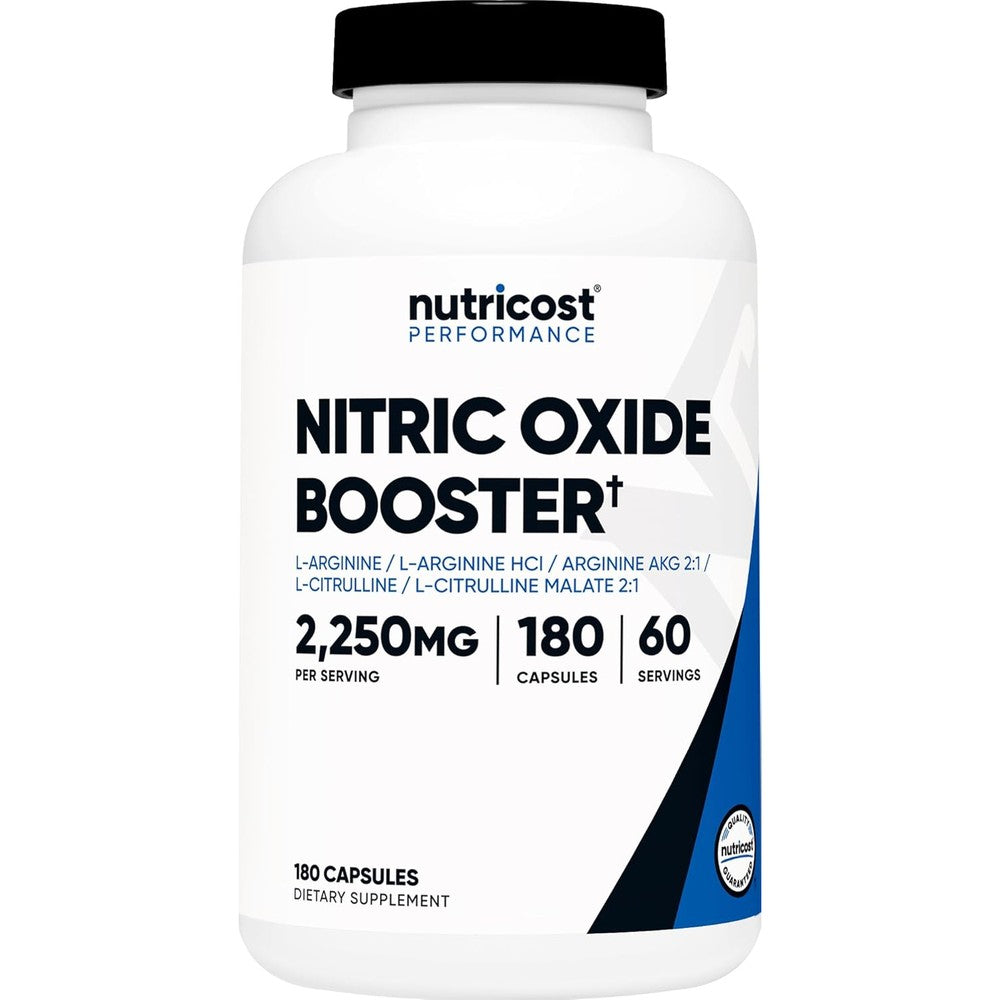 Nutricost Nitric Oxide Booster 2250mg 180 capsules front view showing official brand logo and serving size details.