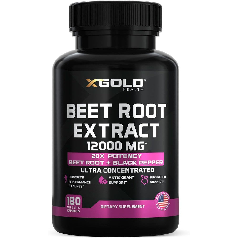 X Gold Health Beet Root Extract 12000mg bottle front view for nitric oxide support.