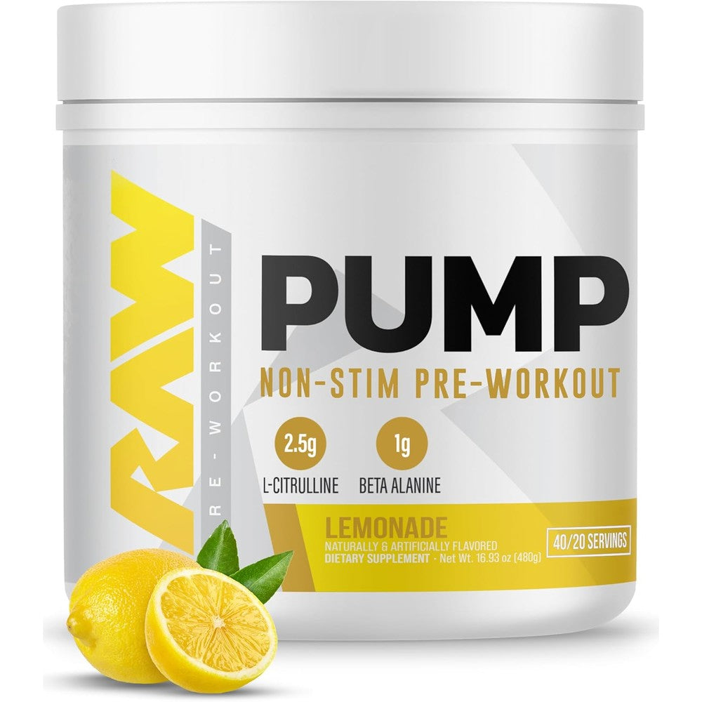 RAW Nutrition Pump Stim Free Pre Workout Lemonade tub front view for muscle pump