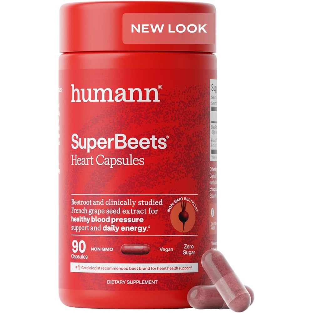 Humann SuperBeets 1000mg 90 capsules front view showing heart health benefits.