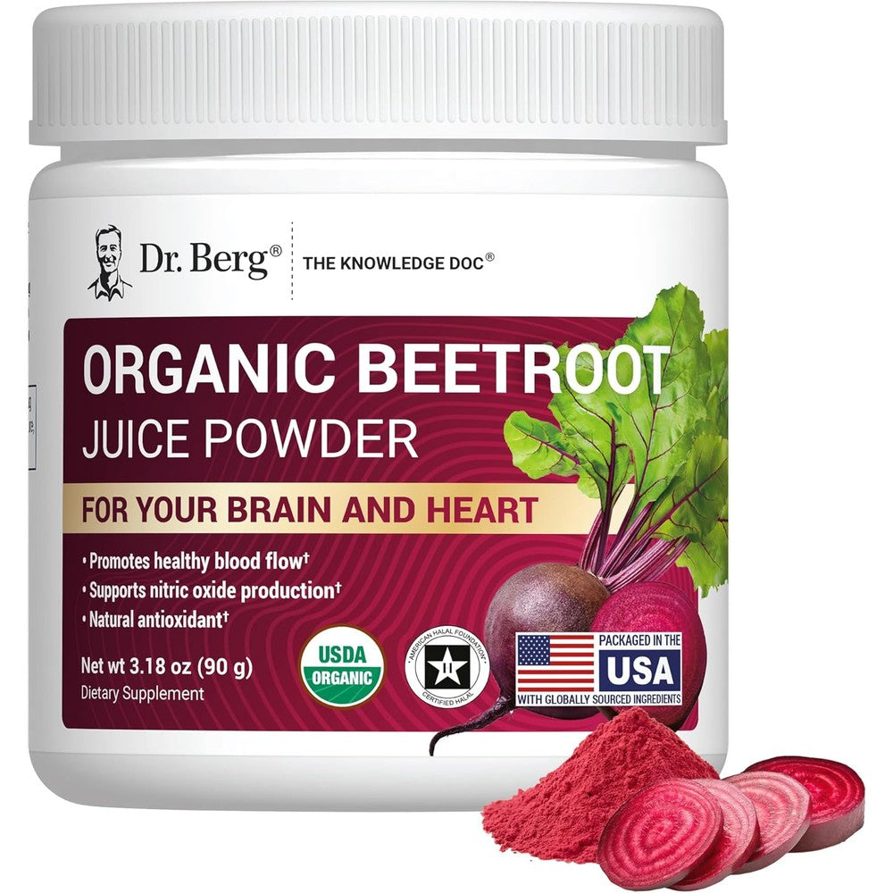 Dr. Berg Organic Beetroot Juice Powder front view container for nitric oxide support.