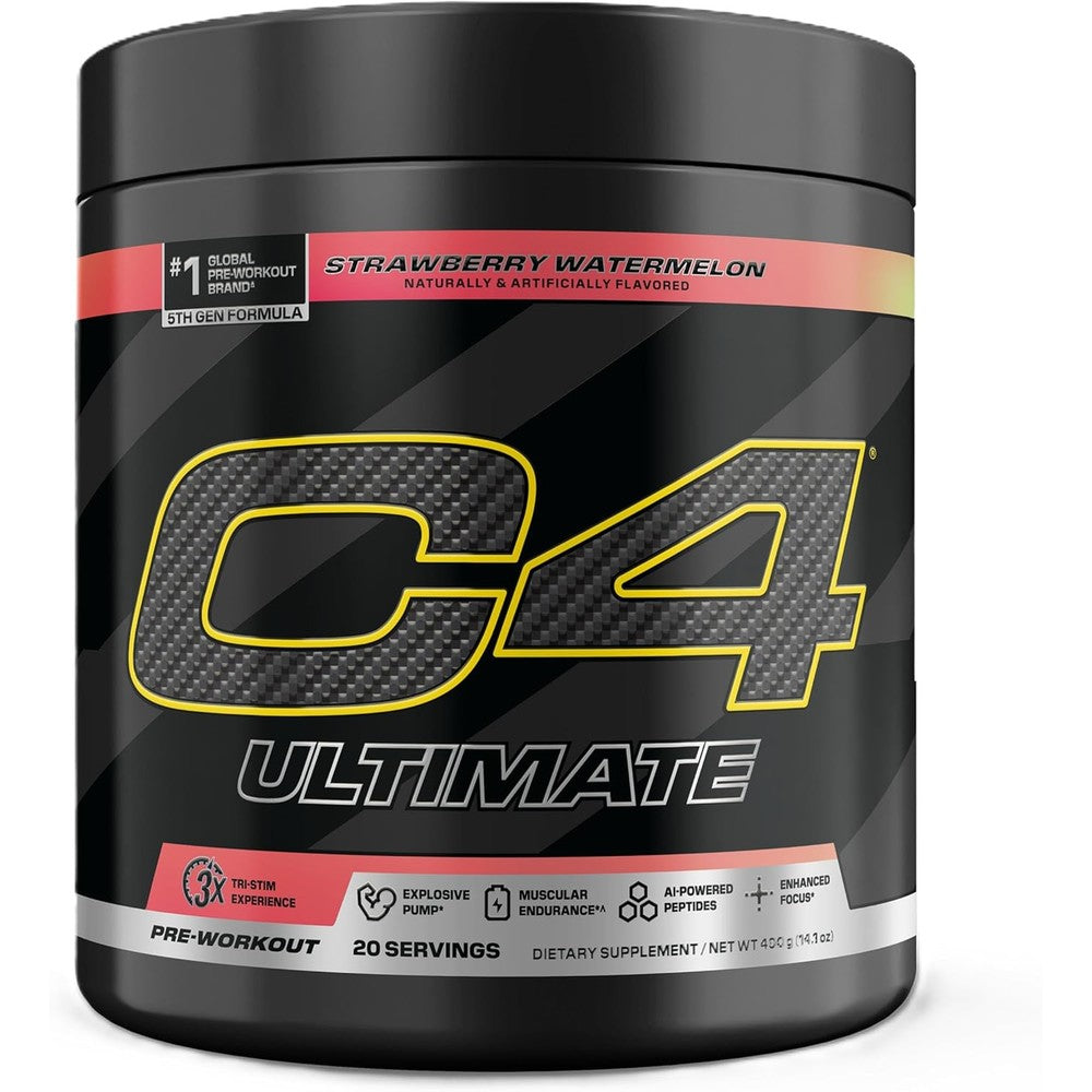 Cellucor C4 Ultimate Strawberry Watermelon pre-workout container front view for muscle gain