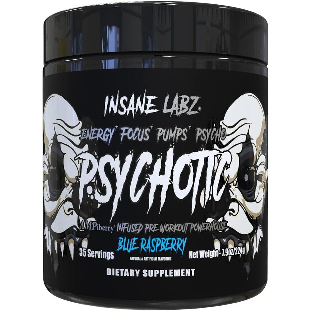 Insane Labz Psychotic Black Blue Raspberry container front view for energy.