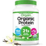 Orgain Organic Vegan Protein Powder Vanilla Bean front view of 2.03 lb tub showing 21g of plant protein per serving.
