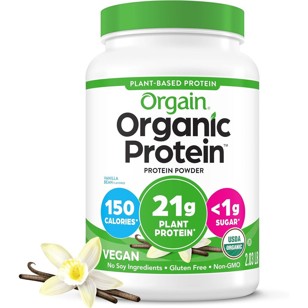 Orgain Organic Vegan Protein Powder Vanilla Bean front view of 2.03 lb tub showing 21g of plant protein per serving.