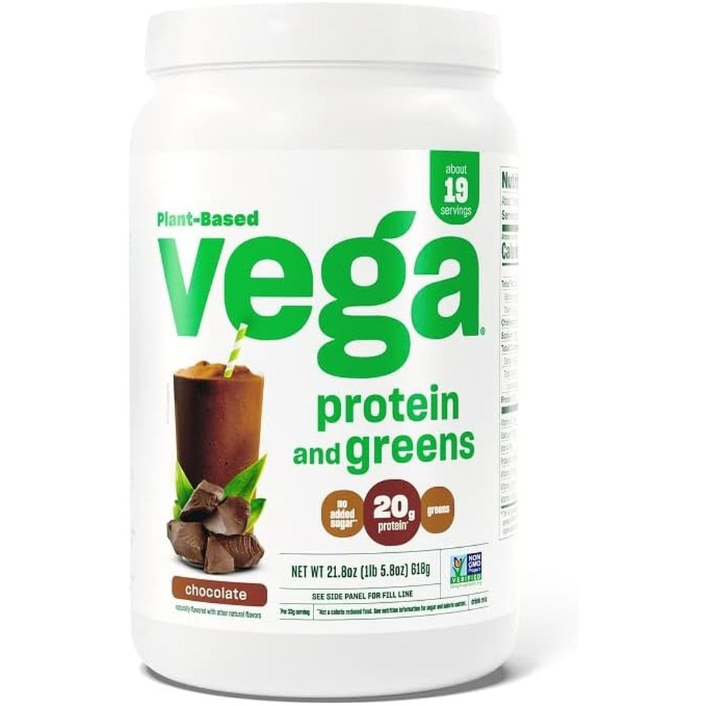 Vega Premium Protein Plus Supergreens Chocolate tub front view showing 20g protein label