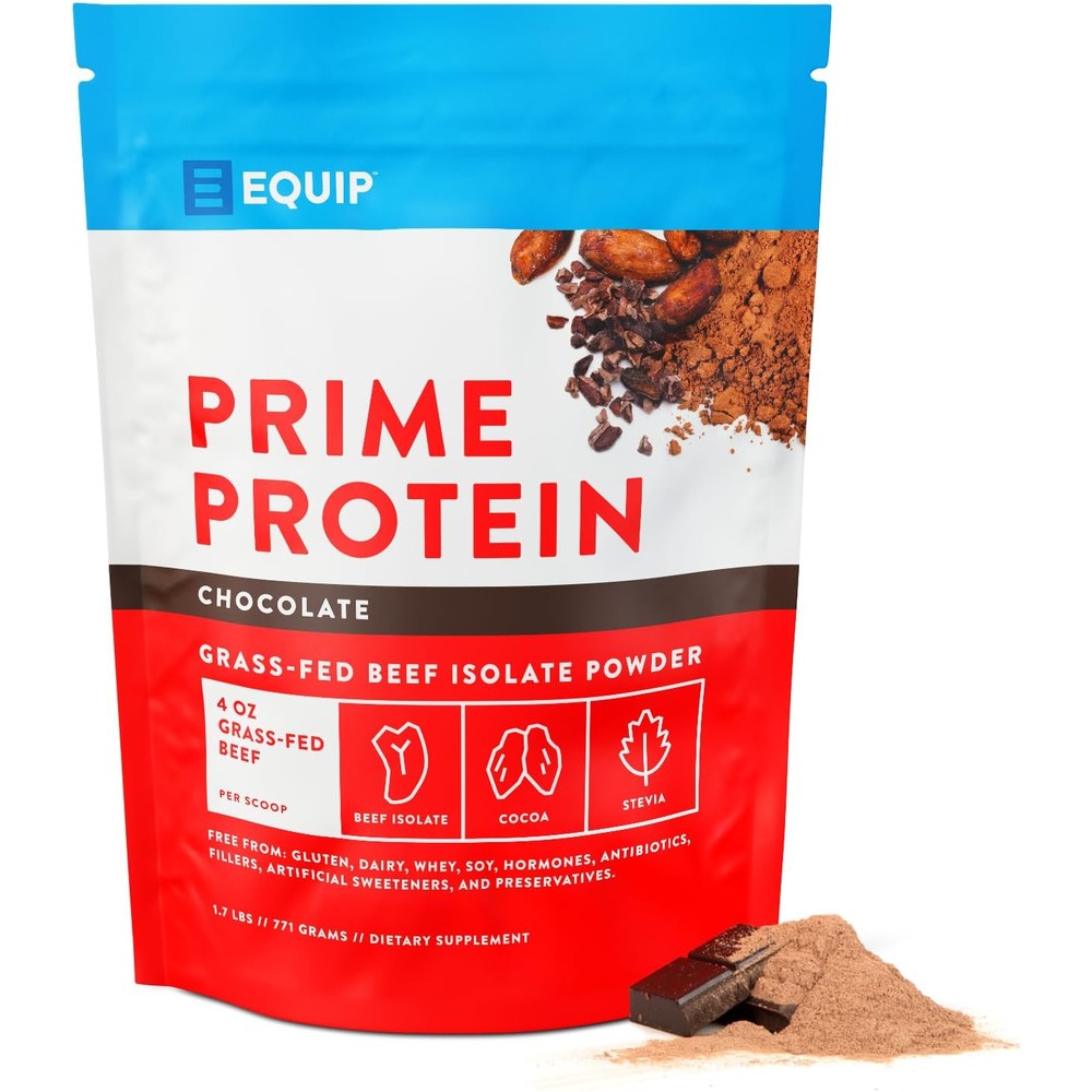 Equip Foods Prime Protein Chocolate front view grass fed beef isolate