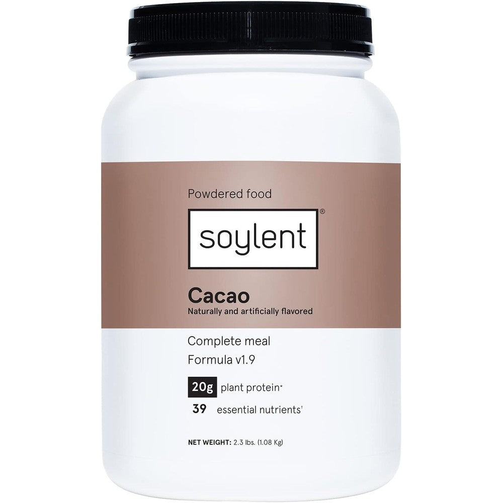 Soylent Cacao Meal Replacement Powder tub front view for plant based nutrition